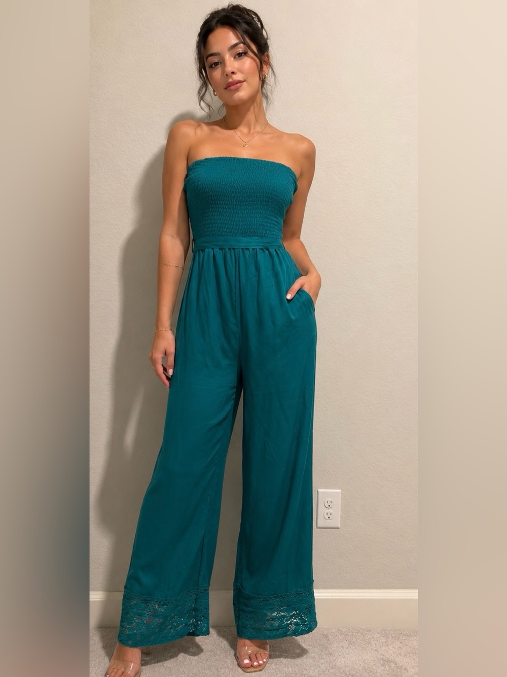 Smocked Strapless Wide-Leg Jumpsuit in Teal